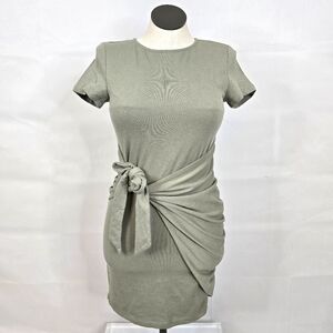 Princess Polly Sage Green Short Sleeve Mini Dress With Ruched Tie Waist Sz 4